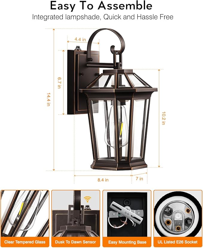 VIANIS Outdoor Wall Light Fixtures Aluminum Dusk to Dawn Outdoor Lighting with Tempered Glass Weatherproof Exterior Lighting Fixtures Oil-Rubbed Bronze Gold Trim Front Porch Light for Door Patio