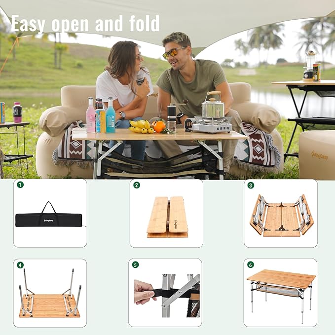 KingCamp Bamboo Folding Camping Table Adjustable. Supports 176lbs with A Premium Bamboo Top and 3 Adjustable Heights Ideal for Stable Dining or Cooking at Picnics RVs and Glamping Sites
