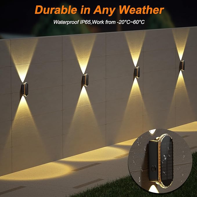 Ellasay 8 Pack Fence Lights Solar Powered Up and Down Focus LED Solar Wall Lights Outdoor IP67 Waterproof Solar Lights for Outside Patio BackyardPorchRailing3 Color Modes