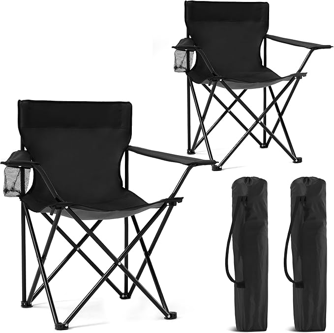 2 Pack Portable Camping Chairs Folding Lawn Chair Outdoor Lightweight Beach Chair with Cup Holder &amp Carry Bag for Outside Sports Fishing Hiking Travel Picnic Backyard (Black-Dark)
