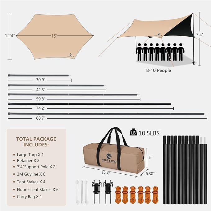 Camping Tarp with Poles &amp Retainer15x12.5FT Large Waterproof 210D Oxford Cloth Camping Canopy Anti-UV UPF100+ Tent Tarp Car Awning for Outdoor Picnic Hammock Car Backpacking (Khaki-Black)