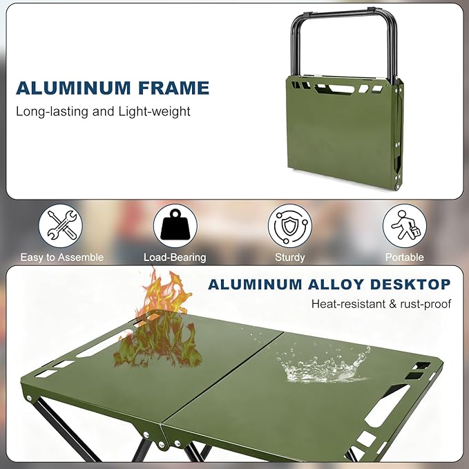 Tactical Camping Table Collapsible Table Lightweight with Carry Bag Durable Carbon Steel Outdoor Picnic Table for Camping Travel expeditions Hiking Picnics BBQs &amp Beach Trips - Green