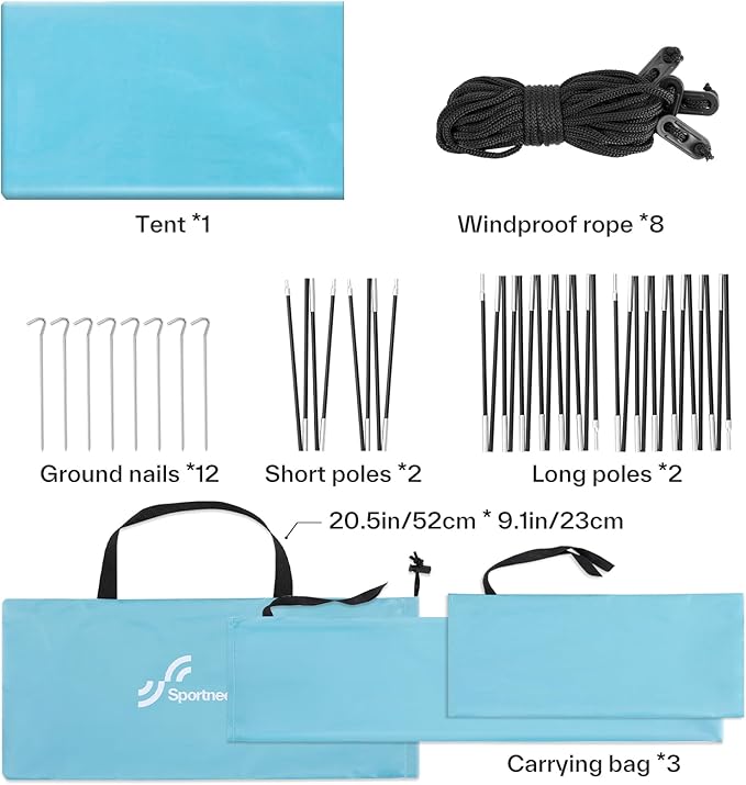 Sportneer Beach Tent Sun Shelter: UPF 50+ UV Protection Beach Canopy Tent Sun Shade for 2-3 Person Easy Set Up Canopy with 8 Wind Ropes and 12 Ground Stakes Size 96.5''x55.7''