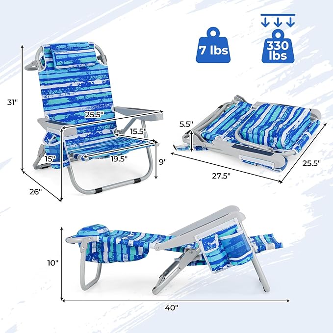 Giantex 2-Pack Backpack Beach Chair - Foldable Camping Chair with 5 Adjustable Position Cup Holder Storage Pockets Straps Towel Rack Pillow Lay Flat Lawn Chair for Patio Outdoor Blue Stripe