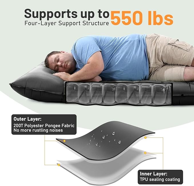 KASBAH Camping Sleeping PadExtra Wide 6 inch Thick Inflatable Sleeping Pads with Built-in Foot Pump and PillowUltralight Camping Mat Gear for Outdoor HikingCamping