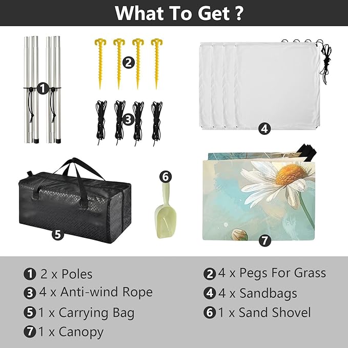 Daisy Painting Beach Tent Sun Shelter 9.2' x 10.5' Beach Canopy with 4 Sandbags 4 Stability Poles Sand Shovels - Tent Canopy for Beach Camping Fishing Picnics