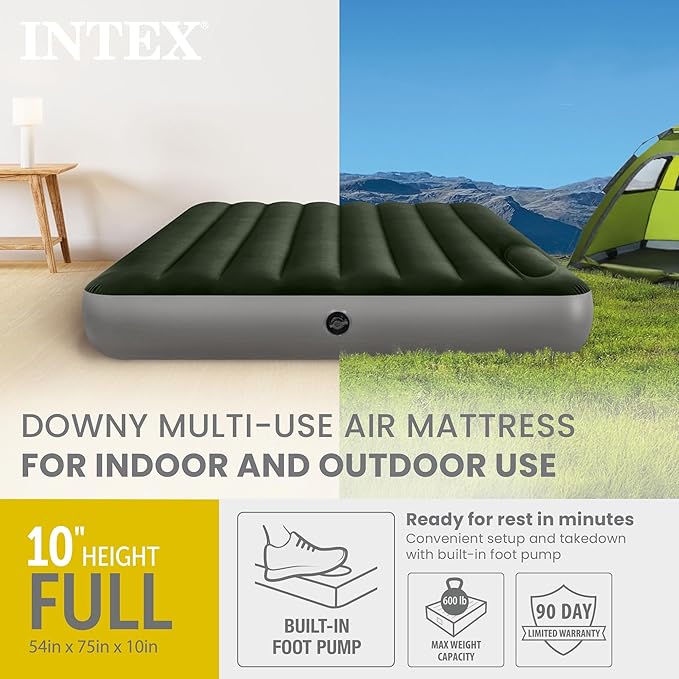 Intex 64762E Dura-Beam Standard Downy Air Mattress: Fiber-Tech – Full Size – Built-in Foot Pump – 10in Bed Height – 300lb Weight Capacity