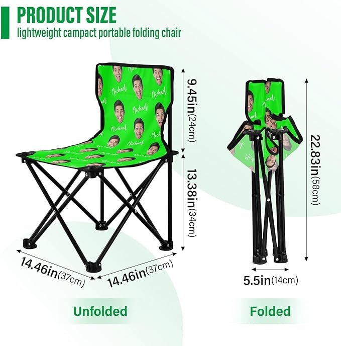 Lime Custom Photo Folding Camping Chair for Teen Child Personalized Name 14.6×14.6in Portable Outdoor Chair with Carry Bag for Barbeques Picnic Lawn