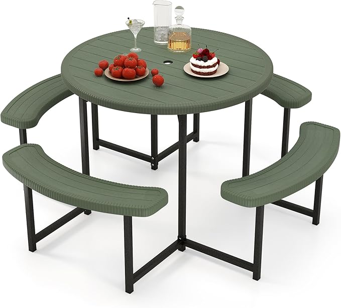 Giantex Picnic Table Bench Set for 4-8 Person Round 37” Outdoor Dining Table w/Umbrella Hole HDPE Tabletop Metal Frame Patio Furniture Set for Backyard Porch Lawn 1400lb Capacity (GreenRound)