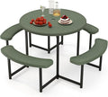 Giantex Picnic Table Bench Set for 4-8 Person Round 37” Outdoor Dining Table w/Umbrella Hole HDPE Tabletop Metal Frame Patio Furniture Set for Backyard Porch Lawn 1400lb Capacity (GreenRound)