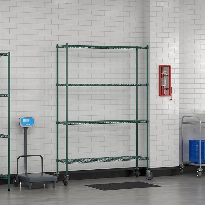 Commercial NSF Listed Green Epoxy Mobile Wire Shelving Kit 14 x 54 x 80 with 4 Shelves Perfect for Warehouse Walk-in Refrigerator Freezer Grocery Store Restaurant Dishroom