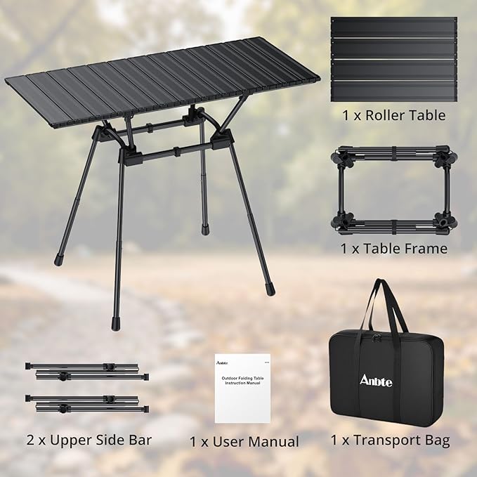 Anbte 3ft Roll Up Camping Table Max 27.5 4 Adjustable Heights Aluminum Camping Table Foldable Waterproof with Carrying Bag Lightweight for Garden Picnic Outdoor Travel Beach 35” X 16” Black