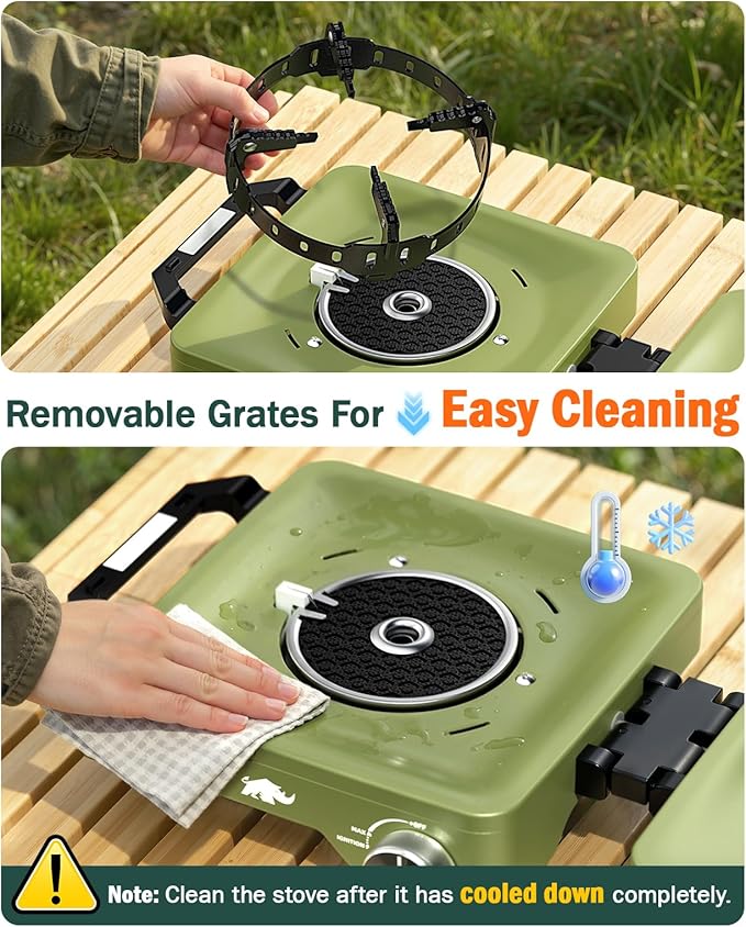 2 Propane Burners Camping Stove 30000 BTU Folding Camp Stove with Windproof Grates and Frying Pan Portable Camping Stoves with Carrying Bag Camping Essentials for Tailgating/Grilling/Coffee Green