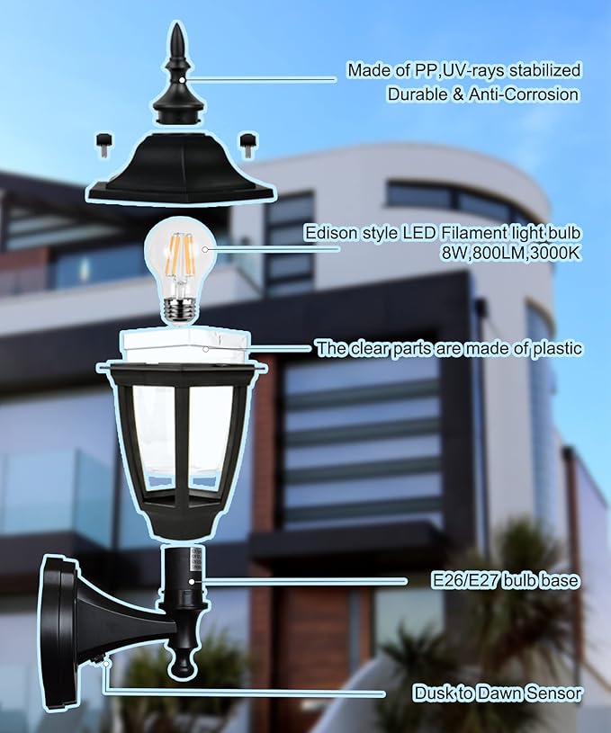 FUDESY Outdoor Wall Light Dusk to Dawn Porch Sensor Light Black Plastic Anti-Corrosion with LED Edison Filament Bulb Exterior Mount Lantern for House Garage (1-Pack) FDS2542PS-B