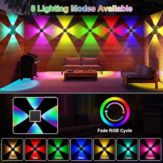 Solar Fence Lights Outdoor New 4-Way Lighting Fence Lights Solar Powered with 8 Modes Warm White/RGB IP65 Waterproof Solar Wall Light for Backyard Wall Pathway Deck Patio Decor - 12 Pack