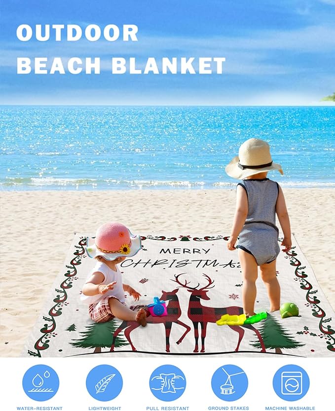Beach Blanket Waterproof Sandproof Merry Christmas Plaid Reindeer Quick Drying Beach Mat with 4 Stakes Tree Holly Snowflake on Flax Lightweight Picnic Blanket for Travel Camping Outdoor 108x84