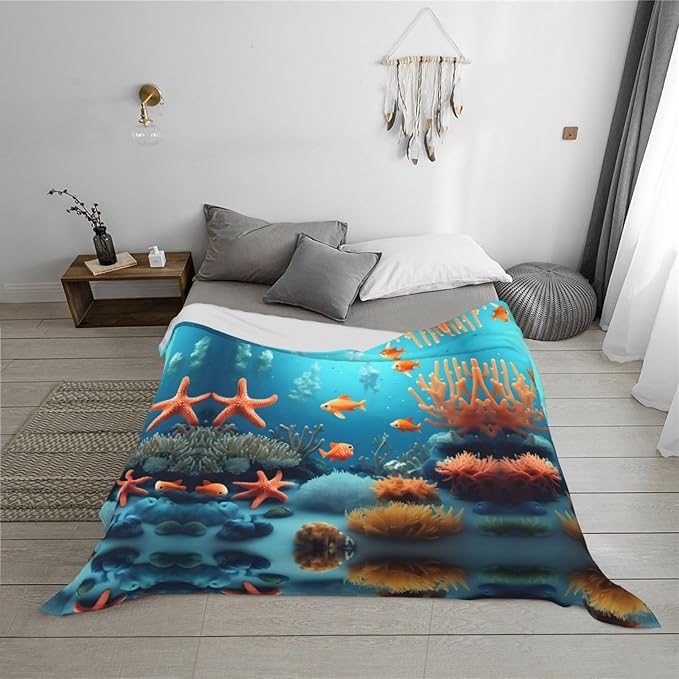 Coral Fish Underwater Blanket.Super Soft Flannel Blanket 80x60 inches 100% Polyester for Warmth Perfect for beds Sofas and Camping.