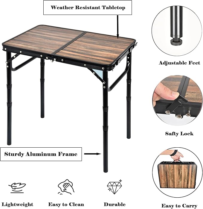 Small Folding Camping Table 2ft Portable Picnic Table Aluminum 24 x 16 Folding Table 3 Adjustable Heights Portable Lightweight Table Dining Table for RV Picnic Beach (Wood Grain)