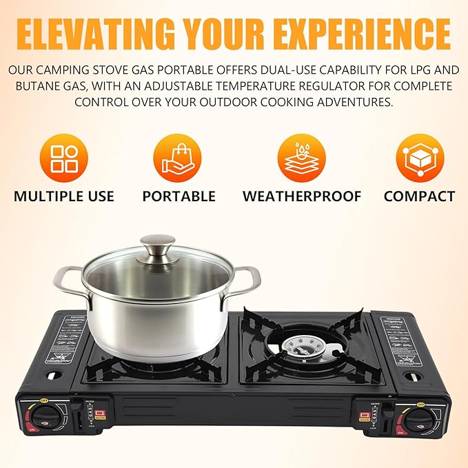 Portable Camping Stove｜24000 BTU Dual Burner Gas Grill w/Removable Case｜Compact 24.8 Outdoor Cooker for RV Tailgating｜Stainless Steel 2-Burner Propane Stove