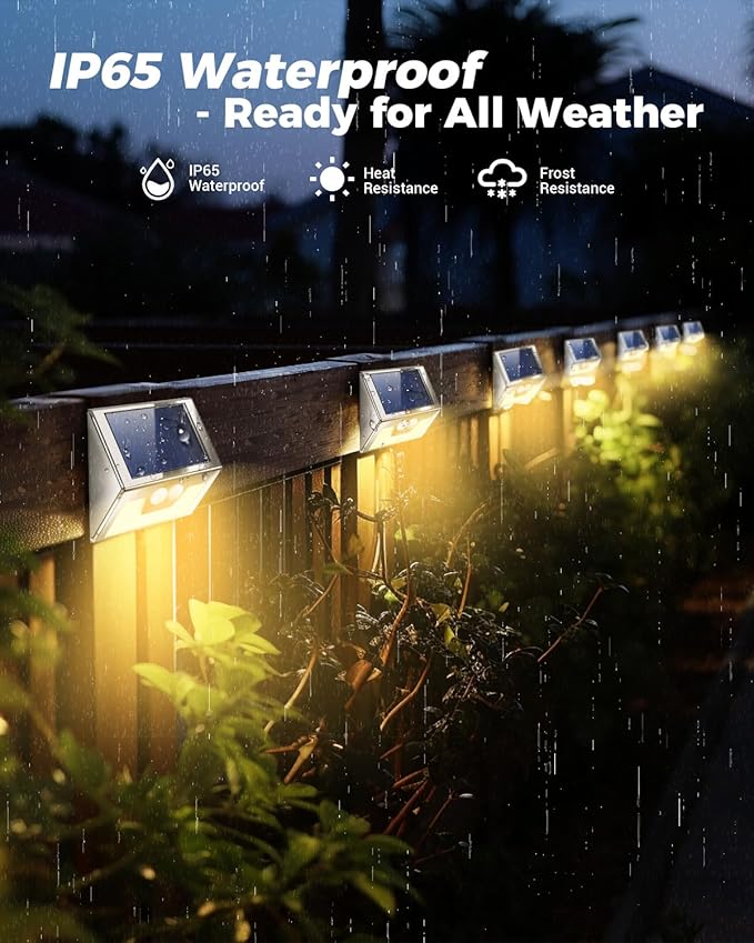 4 Pack Solar Lights Outdoor Motion Sensor Waterproof Fence Lights 3 Lighting Mode Warm White LED Outside Light Wireless for Fence Wall Yard Steps Stairs Garden -Stainless Steel