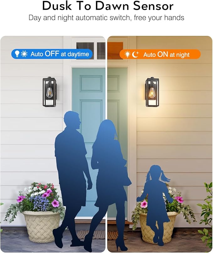 VIANIS Outdoor Wall Lights Dusk to Dawn Large Exterior Light Fixture Wall Mount for House Front Porch Light Black Anti-Rust Modern Outside Wall Sconces with Tempered Glass Shade for Garage