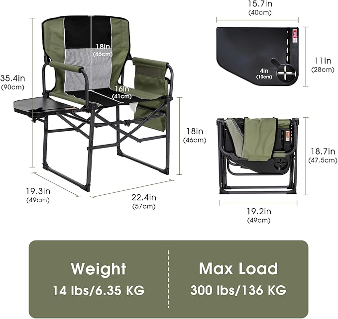 Wide Folding Director Chair with Table Outdoor Camping Chair for Adults with Cup Holder Load 330 Lbs Portable Lightweight Chair for Outside with Carry Bag for Patio Green-2Pack