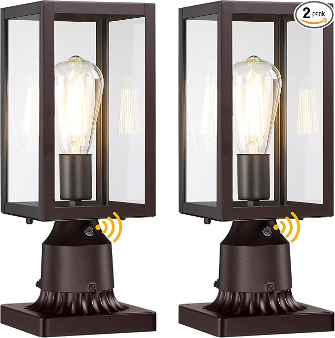 Dusk to Dawn Outdoor Post Lights with Pier Mount Base 2-Pack Modern Lamp Post Light Fixture Waterproof Pole Lights Outdoor Column Lights Exterior Post Lantern with Clear Glass for Garden Patio Brown