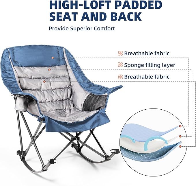 Oversized Rocking Camping Chair for Adults - Heavy-Duty 400lbs Capacity Portable Folding Camp Chair with Side Pocket Fully Padded Outdoor Rocking Chair for Camping (Light Blue &amp Gray)