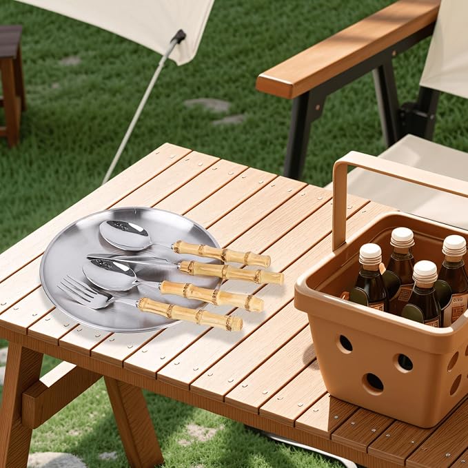 Outdoor Camping Silverware 10Pcs Set Stainless Steel Outdoor Camping Mess Kits Includes Forks Spoons Knives Fork Spoon Dish and Cap Opener Plates - Portable Cutlery Bag