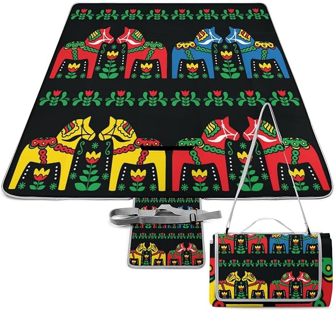 Swedish Dala Horse Folk Seamless Pattern Waterproof Outdoor Picnic Blanket Sandproof Beach Mat for Camping Hiking Grass Travelling