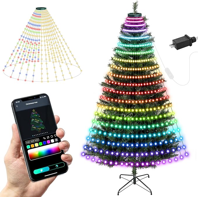 Christmas Tree String Lights Decorations with Ring Smart APP 400 LED Waterfall Lights IP65 Waterproof Multi-Modes with Remote Color Changing for Wedding Yard Party Home Holiday