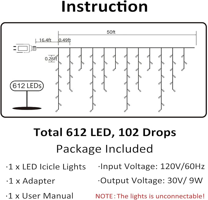Toodour Christmas Icicle Lights Outdoor 612 LED 50ft 8 Modes Fairy Icicle String Light with 102 Drops Led Christmas Lights Twinkle for Holiday Party Wedding Eaves Xmas Decorations (Warm White)