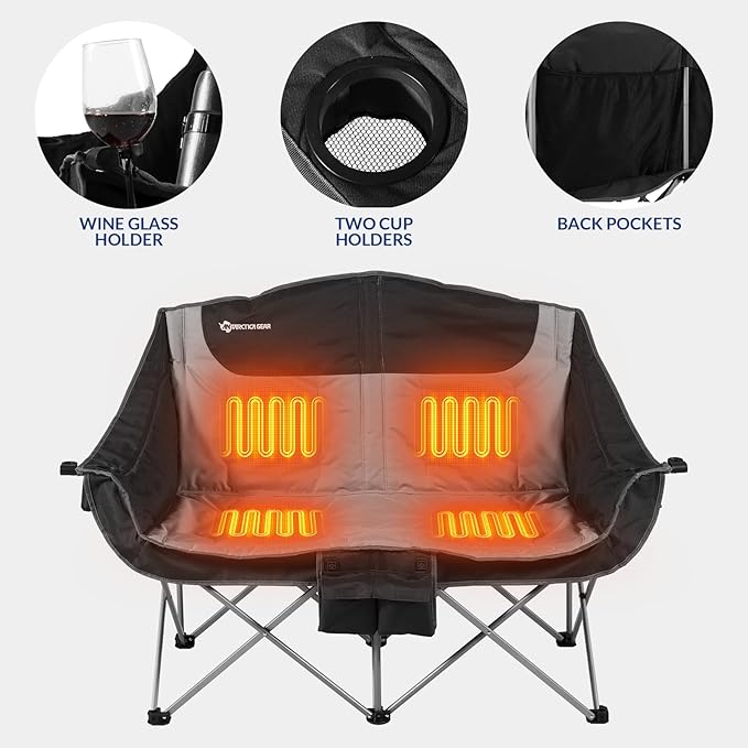 ANTARCTICA GEAR Heated Double Camping Chair 2-Person Folding Chair with 12V 16000mAh Battery Pack Heated Portable Loveseat Chair for Outdoor