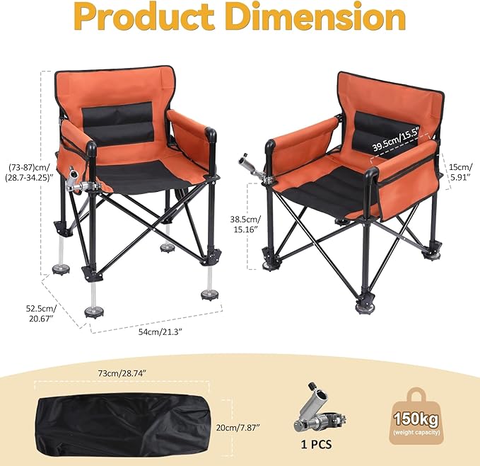 Foldable Fishing Chair Heavy Duty Portable Adjustable Camping Chair with Rod Holders Non-Slip Feet Carrier Bag for Outdoor Fishing Travel Beach Orange