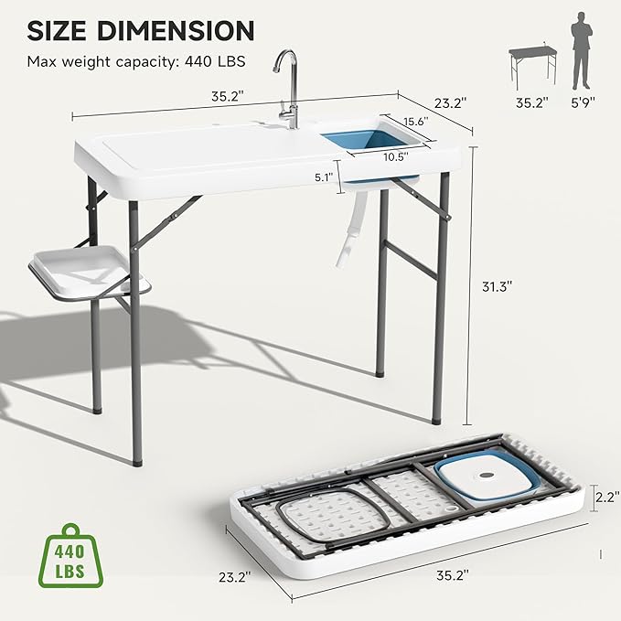 Fish Cleaning Table with Deep Sink &amp Extra Shelf Heavy-Duty HDPE Waterproof &amp UV-Resistant Portable Outdoor Sink with Hose Hookup Ideal for Camping Picnic &amp Backyard