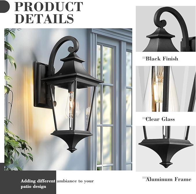 Emliviar Outdoor Porch Light 21.1 Inch Modern Outdoor Wall Light for House Porch Clear Glass in Black Finish XE292B-M BK