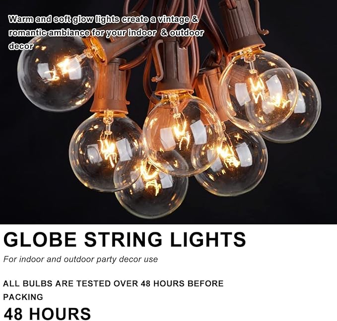 Abeja 25Ft Outdoor Patio String Lights with 27 Clear G40 Bulbs UL Listed for Porch Bars Deck Wedding Party Markets Decor 5W E12 Socket Base Brown