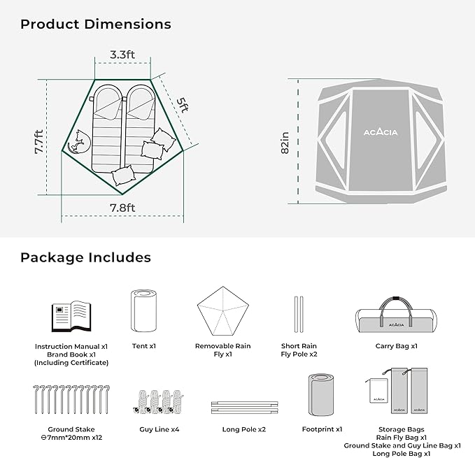 Acacia Camping Tent Pop Up Camping Tent with 8 Windows and Footprint Waterproof Windproof Easy Setup Hub Tent for Family Camping Hiking and Glamping