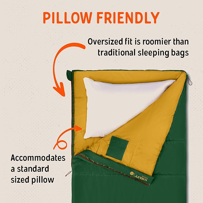 Kelty Solstice 20 Oversized Camping Sleeping Bag Spacious Rectangular Shape Zip Together for 2P Anti-Snag Zips Internal Pocket