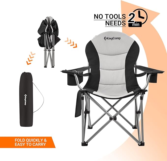 KingCamp Folding Portable Camping Chairs Oversized Padded Quad Arm Chair with Cooler Bag Cup Holder and Side Pocket Heavy Duty Supports 300 lbs for Outdoor Lawn Fishing Sports