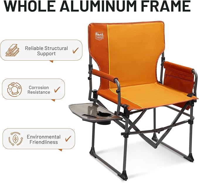 TIMBER RIDGE Aluminum Camping Directors Chair with Side Table Pocket Portable Folding Chair Heavy Duty Lawn Chair for Fishing Trip Picnic Concert Outdoor 400lbs Orange 2 Pack