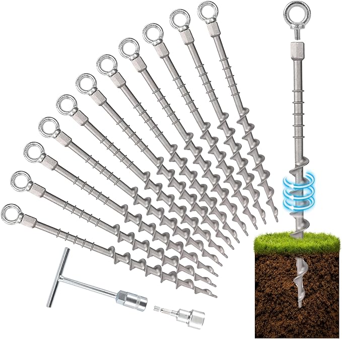 8 Pcs 14 Ground Anchors Screw in Non-Rust Cast Aluminum Detachable Tent Stakes for Camping Tents Sand Trampoline Swing Sets and Sheds