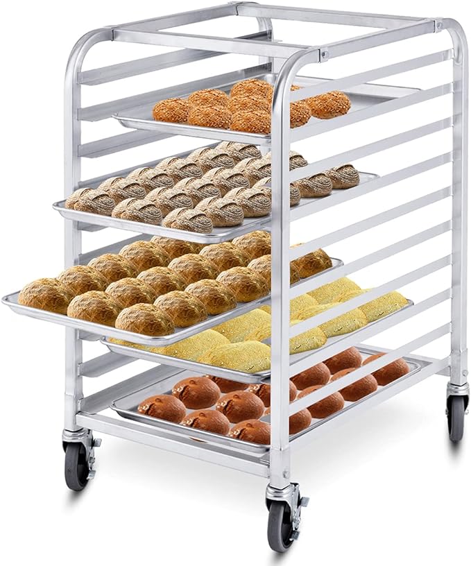 ReunionG 10 Tier Bun Pan Rack Bakery Rack with 2 Lockable Wheels 10 Sheet Aluminum Storage Cooling Trolley with Open Shelf Dough Pizza Baking Mobile Rack for Home Commercial