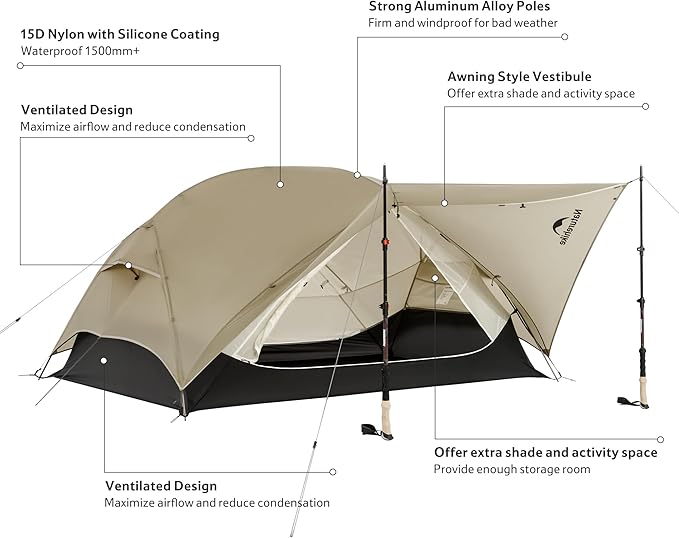 Naturehike Mongar UL 1-2 Person Backpacking Tent15D Nylon Waterproof Ultralight One Person Two Person Tent with Footprint
