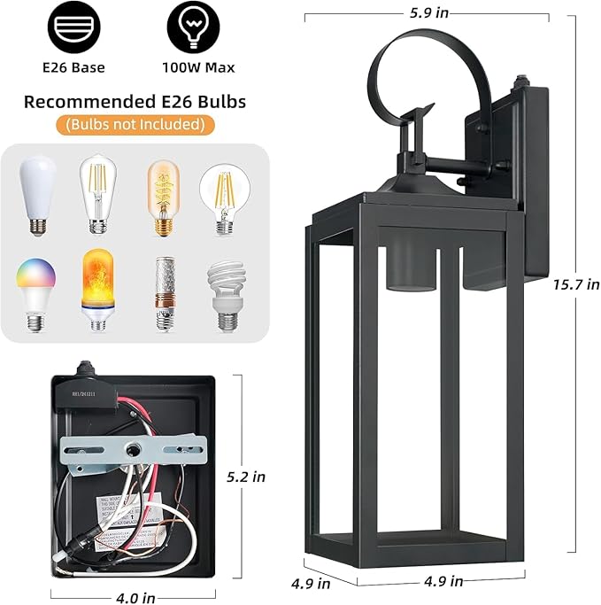 OKELI Dusk to Dawn Outdoor Lighting Fixture Wall SconceFront Porch LightOutdoor Wall Sconces Rust-Proof LightGarage Waterproof Wall Light(Black 16)