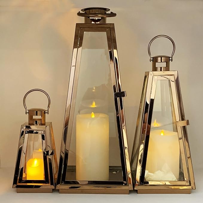 allgala Lantern Jumbo Deluxe Modern Indoor/Outdoor Candle Stainless Steel Rectangular Frame with Lattice Grid Tempered Glass for Garden Poolside Fireplace Wedding (Pack of 3 24 Inch Rose Gold)