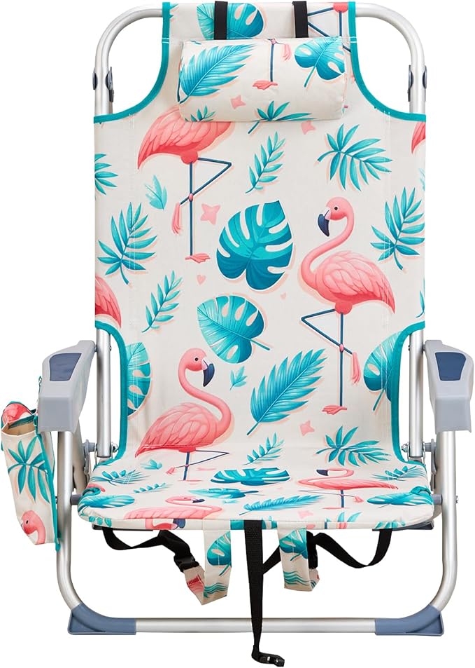 Folding Beach Chair for Adults Outdoor Beach Portable Lawn Chair Camping Chair Beach ChairHigh Back Beach Chairs with Hard Armrest Supports 300lbs for Beach Lawn ConcertFlamingo