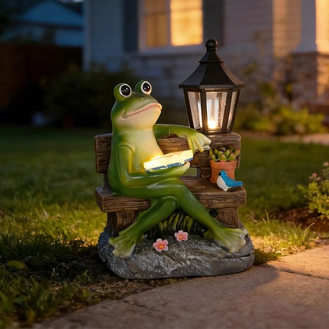 Reading Frog Solar Garden Statue with Lantern Light - Outdoor Decorative Resin Sculpture Weather-Resistant LED Solar Figurine for Yard Patio Garden Path Porch Ambience Lighting Decor