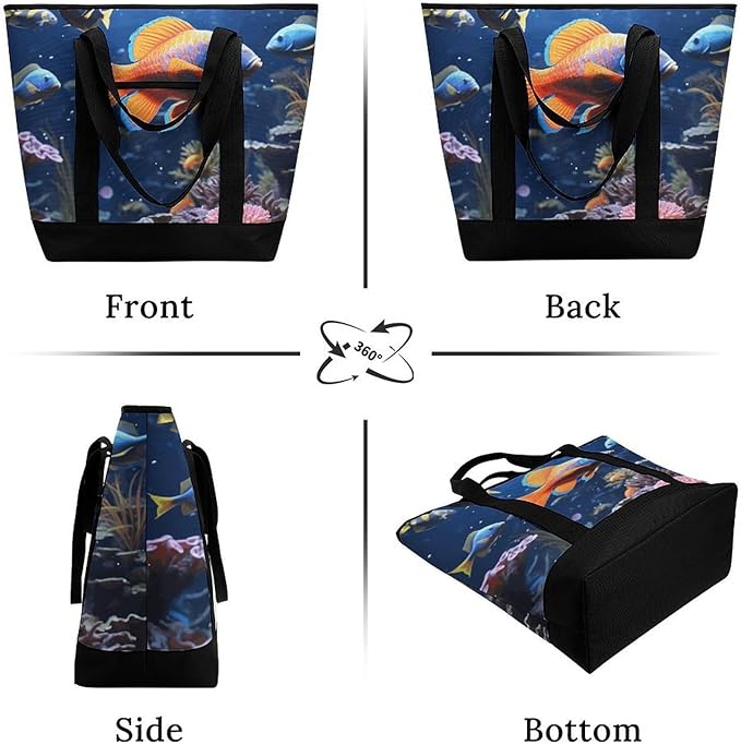 Insulated Shopping BagLarge Reusable Cooler Bags Fishs Printed Foldable Shopping BagTravel Waterproof Shoulder Bag