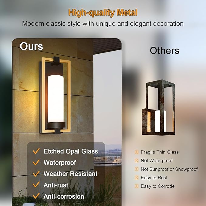 ALVIME Modern Black Outdoor Wall Light Fixtures 15 Inch 2 Pack Outdoor Wall Sconce for House Waterproof Exterior Lighting Fixtures for Garage Doorway Porch Patio E26 Base&ampEtched Opal Glass